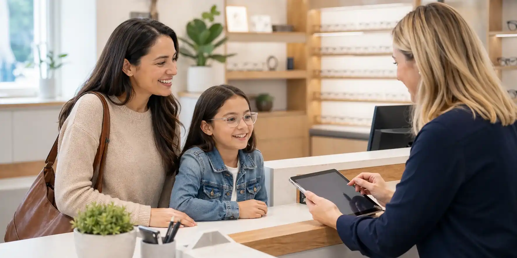 Family checking in at Cedar Valley Eyecare in Eagle Mountain, Utah
