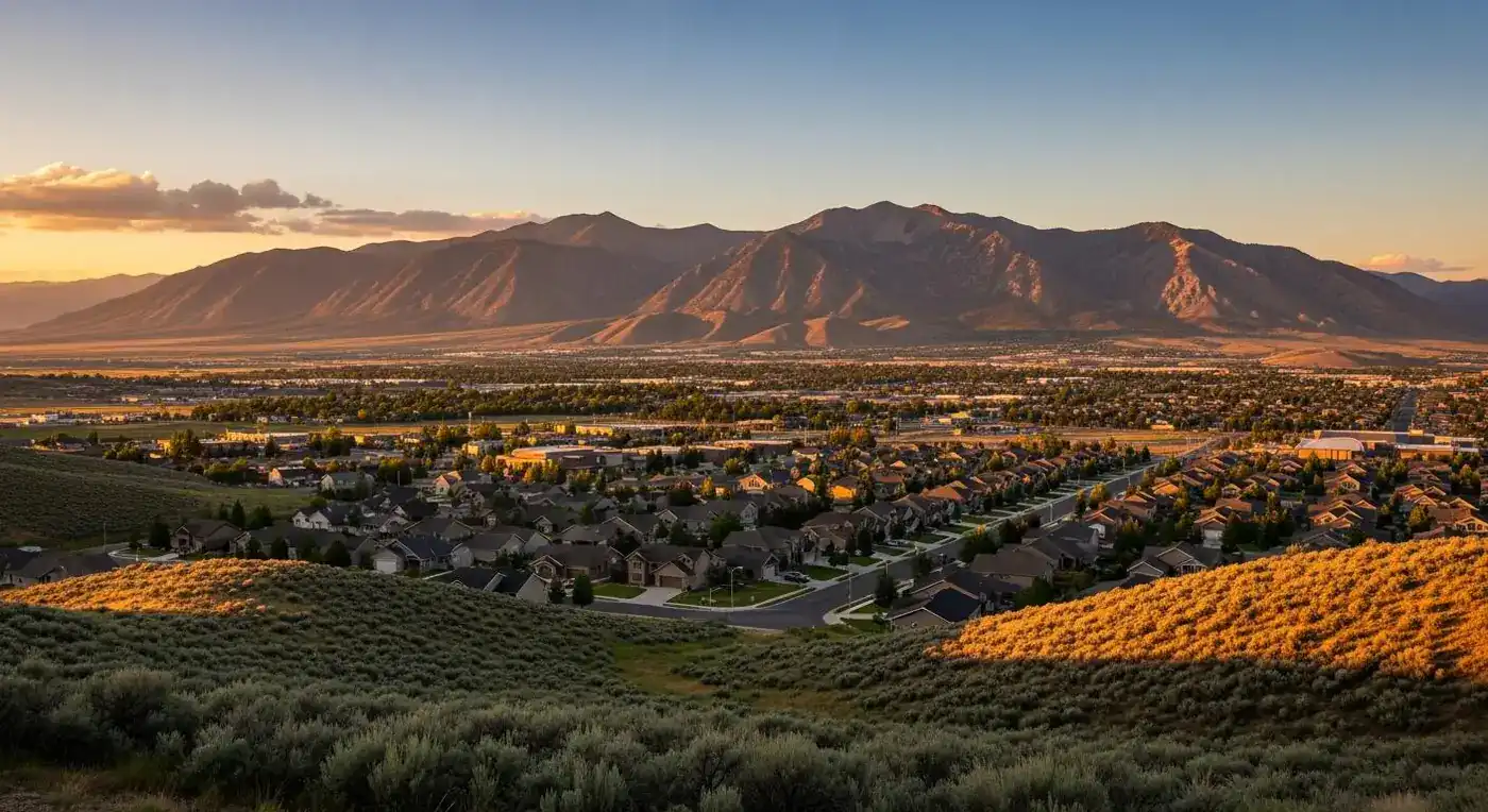 Eagle Mountain neighborhood and mountain view near Cedar Valley at golden hour