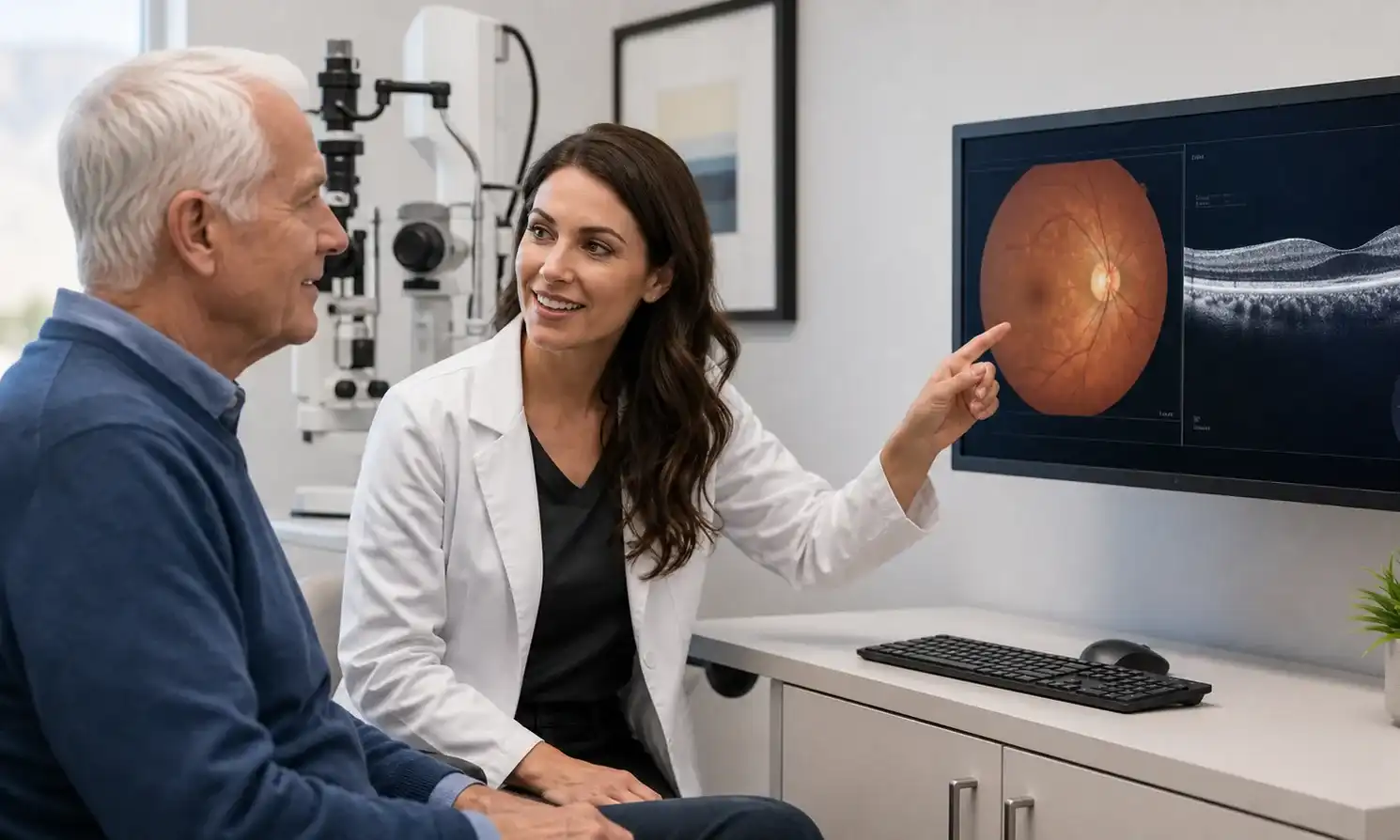 Doctor reviewing glaucoma and retina imaging with a patient