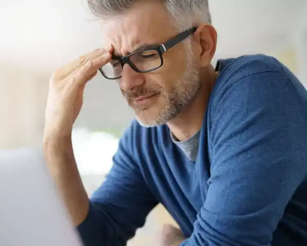 Man with glasses experiencing headache and eye strain symptoms