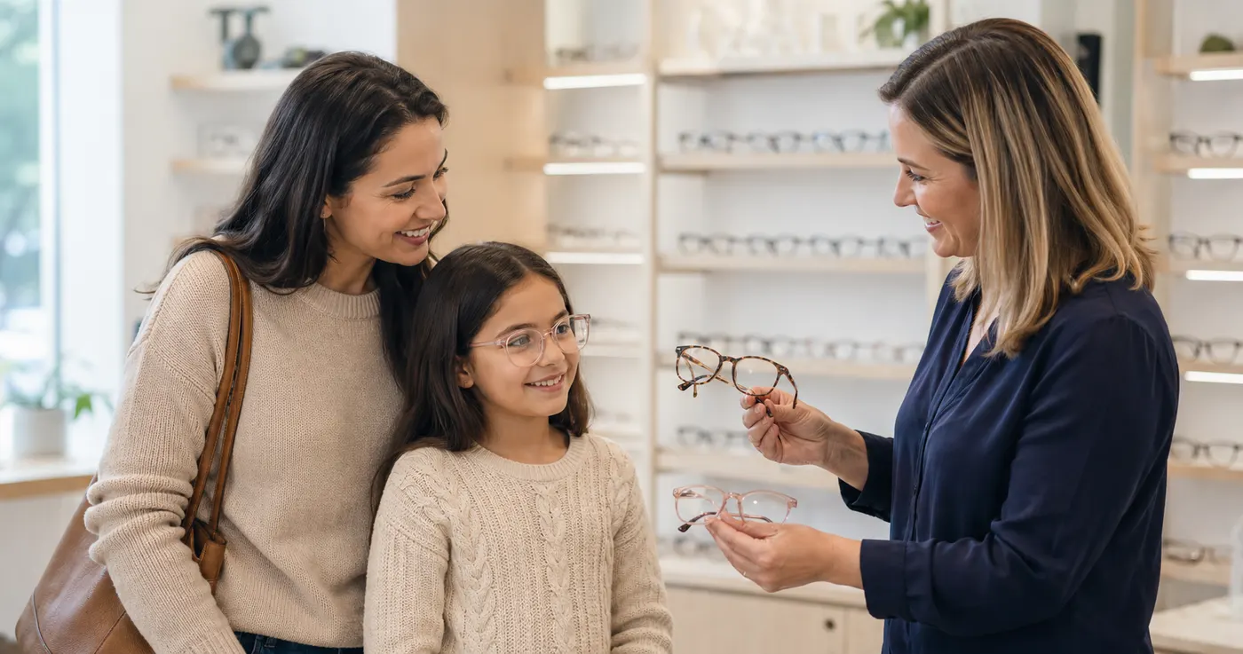 Optician helping a family choose the right lenses and frames at Cedar Valley Eyecare